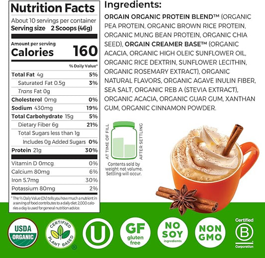 Orgain Organic Vegan Protein Powder, Pumpkin Spice - 21g of Plant Based Protein, Non Dairy, Gluten Free, 1g of Sugar, Soy Free, Kosher, Non-GMO, 1.02 Lb (Packaging May Vary)