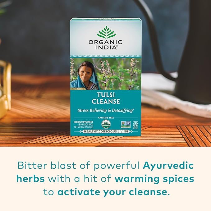 Organic India Tulsi Cleanse Herbal Tea - Holy Basil, Stress Relieving & Detoxifying, Immune Support, Adaptogen, Vegan, USDA Certified Organic, Non-GMO, Caffeine-Free - 18 Infusion Bags, 1 Pack