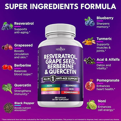 NEW AGE Resveratrol, Berberine, Grape Seed Extract, Quercetin - Polyphenol Supplement for Women and Men with Noni Extract, N-Acetyl Cysteine, Acai Extract - 60 Capsules