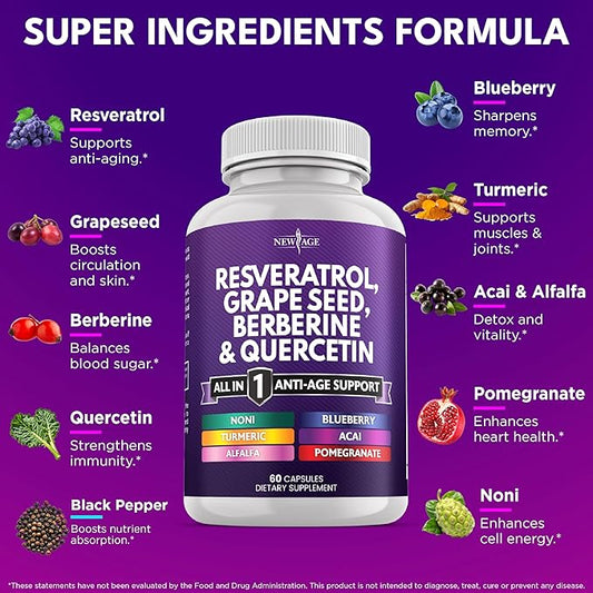 NEW AGE Resveratrol, Berberine, Grape Seed Extract, Quercetin - Polyphenol Supplement for Women and Men with Noni Extract, N-Acetyl Cysteine, Acai Extract - 60 Capsules