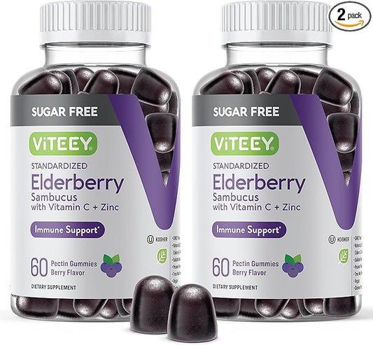 VITEEY Sambucus Elderberry Gummies for Adults & Teens + Zinc & Vitamin C - Sugar Free - Immune Support & Booster Herbal Supplement - Vegan, Gluten Free, Gelatin Free, GMO Free, Chewable Berry Flavored
