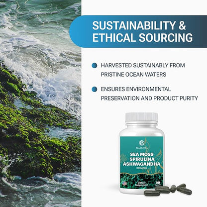 Sea Moss with Spirulina and Ashwagandha Blend Capsules, Mood, Immune Support & Stress Relief, Micro Ingredients & Antioxidants Source — Non-GMO, Vegan Superfood Supplement, 90 Count