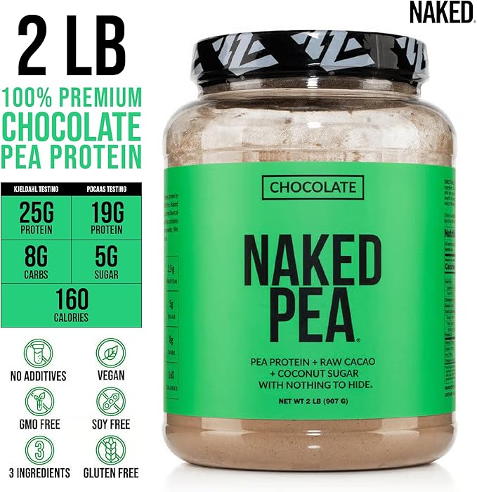 NAKED Chocolate Pea Protein Isolate from North American Farms, Only 3 Ingredients, Chocolate Vegan Protein, Gluten-Free, Soy Free, GMO Free - 2LB