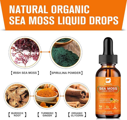 Sea Moss Liquid Drops - Organic Irish Sea Moss Raw Gel with Burdock Root, Tumeric, Spirulina, Seaweed Moss Gel Supplement for Gut Health & Antioxidant Supports - 2 Fl Oz