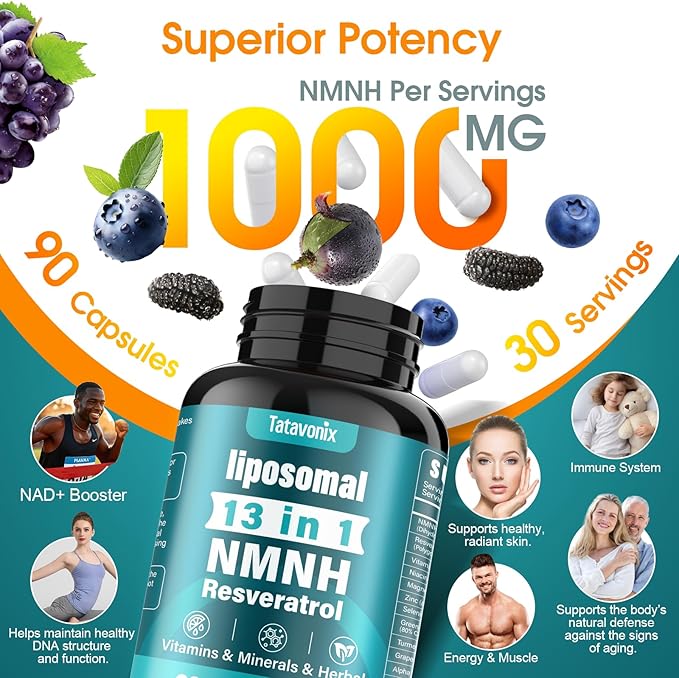 13 in 1 NMNH (Dihydronicotinamide Mononucleotide) 1000mg Per Serving, NMN Supplement Alternative with Liposomal NAD+ and Resveratrol, Non-GMO, Gluten-Free – for Anti-Aging, Energy, Focus – 90 Capsules
