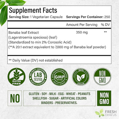 FRESHDRINKUS, 250 Banaba Capsules| High Potency Standardized| 100% from Natural Banaba Leaves Extract| 350mg per Capsule| 350mg per Serving| 250 Days Supply| Vegan Capsules| Non-GMO, Gluten-Free