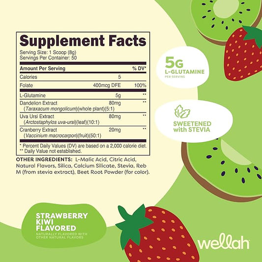 Wellah L-Glutamine Powder Strawberry Kiwi (50 Servings) - 5g L-Glutamine Per Serving, Sweetened with Stevia