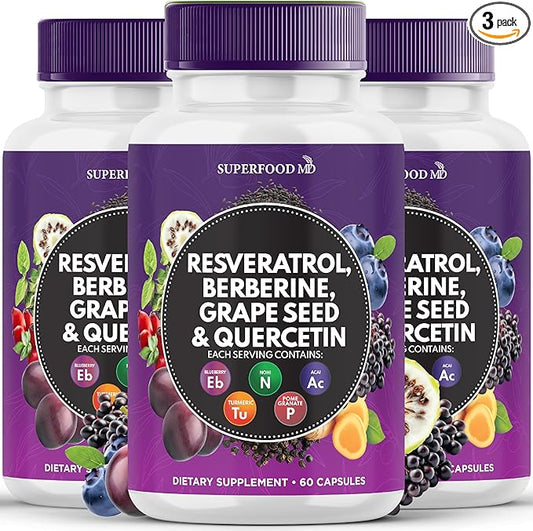 Resveratrol Berberine Grape Seed Extract Quercetin - Polyphenol Supplement with Noni Extract, N-Acetyl Cysteine, Acai Extract - Made in The USA - 180 Capsules