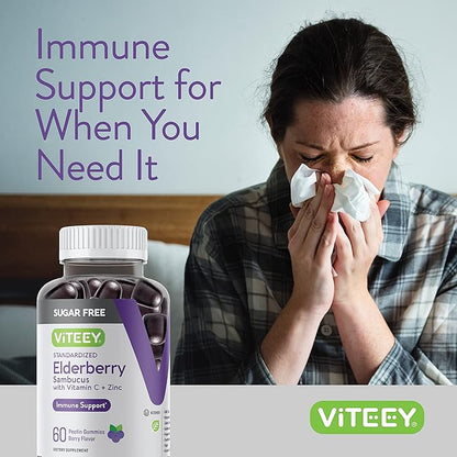 VITEEY Sambucus Elderberry Gummies for Adults & Teens + Zinc & Vitamin C - Sugar Free - Immune Support & Booster Herbal Supplement - Vegan, Gluten Free, Gelatin Free, GMO Free, Chewable Berry Flavored