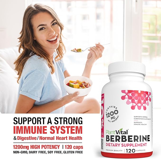 PlantVital Berberine 1200mg (2 caps) Non-GMO Supplement for Immunity Support and Normal Cardiovascular Health - 120 Count, Vegan, and Made in the USA