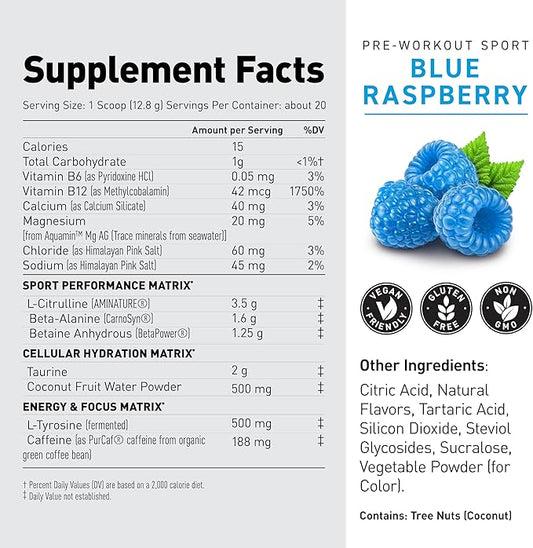 Kaged Sport Pre Workout Powder for Men & Women, Blue Razz, Sport Certified, 188mg Caffeine, Nitric Oxide Supplement, Beta Alanine for Energy, Weightlifting, Cardio Endurance & Strength, 20 Servings