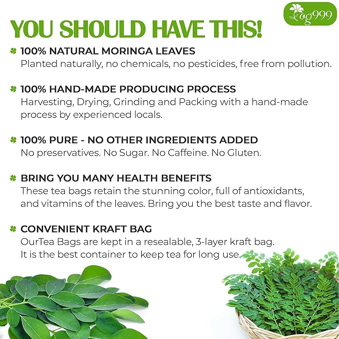 TOG999, Premium 30 Moringa Leaf Tea Bags, 100% Natural & Pure from Moringa Leaves. Loose Leaf Moringa Herbal Tea. Moringa Leaf Tea. No Sugar, No Caffeine, No Gluten, Vegan.