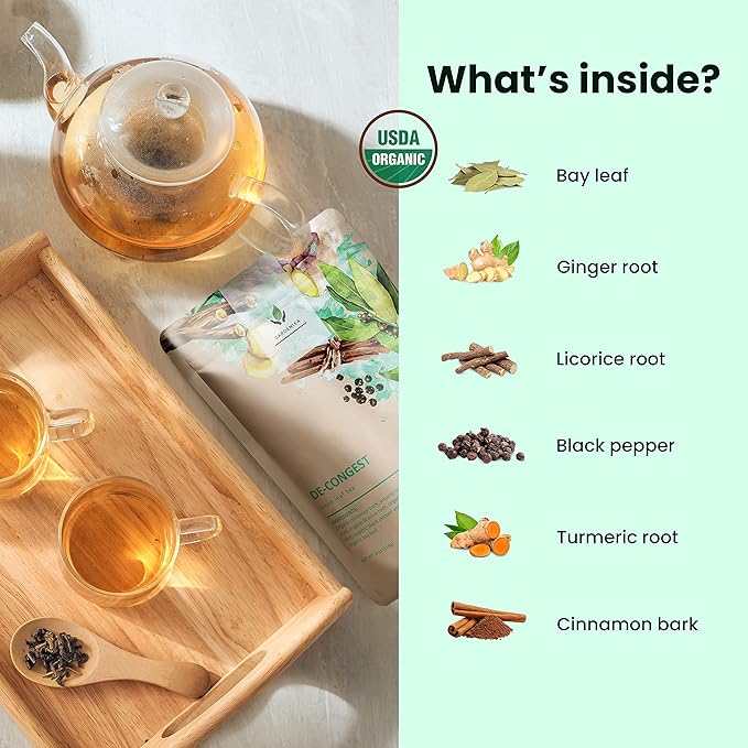 Gardenika Organic Decongest Loose Leaf Tea, Herbal, Caffeine-Free, KSA Kosher, Ayurvedic Blend with Turmeric, Cinnamon, Liquorice, Ginger Root – 4oz (1 Pack)
