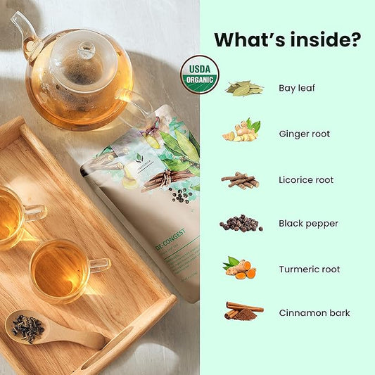 Gardenika Organic Decongest Loose Leaf Tea, Herbal, Caffeine-Free, KSA Kosher, Ayurvedic Blend with Turmeric, Cinnamon, Liquorice, Ginger Root – 4oz (1 Pack)