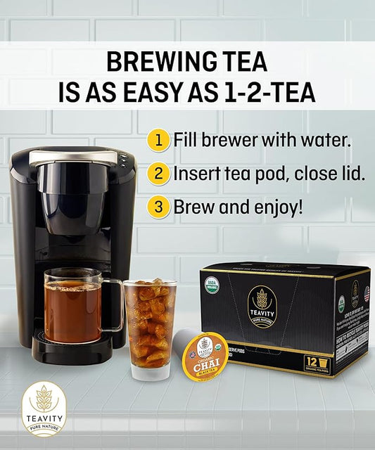 Organic Chai Black Tea Pods for Keurig Naturally Caffeinated by Teavity (12 Tea Pods)