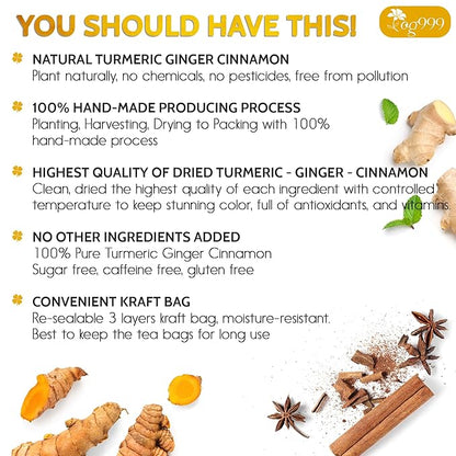 200 Bags Premium Turmeric Ginger Cinnamon Tea, Improve Digestion, Support Brain, Weight, Skin and Sleep, Eco-Conscious Tea Bags and Premium Natural Ingredients. Turmeric Ginger Herbal Tea. No Sugar, No Caffeine, No Gluten, Vegan.