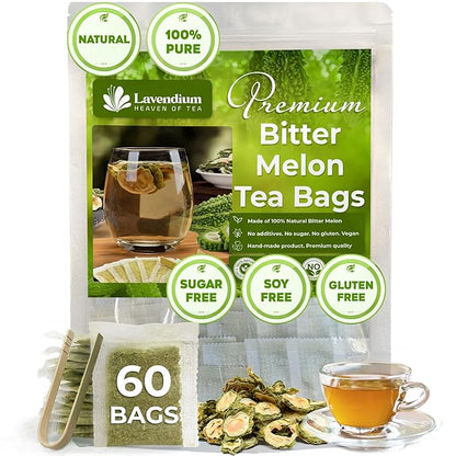 Lavendium, Premium 60 Tea Bags Bitter Melon Fruit Herbal Tea, 100% Natural and Pure, Hand-made, Made With Natural Materials-Corn Fiber Tea Bag, Sugar Free. Caffeine Free. Gluten Free. Vegan