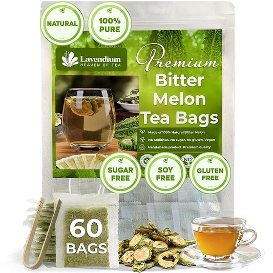 Lavendium, Premium 60 Tea Bags Bitter Melon Fruit Herbal Tea, 100% Natural and Pure, Hand-made, Made With Natural Materials-Corn Fiber Tea Bag, Sugar Free. Caffeine Free. Gluten Free. Vegan