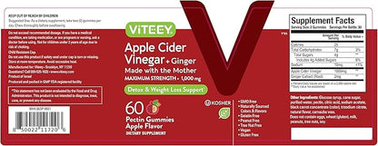 Viteey Apple Cider Vinegar Gummies and Ginger – 1000 mg ACV Gummies for Weight Loss, Detox and Digestion – Vegan, Gluten-Free – 60 Count