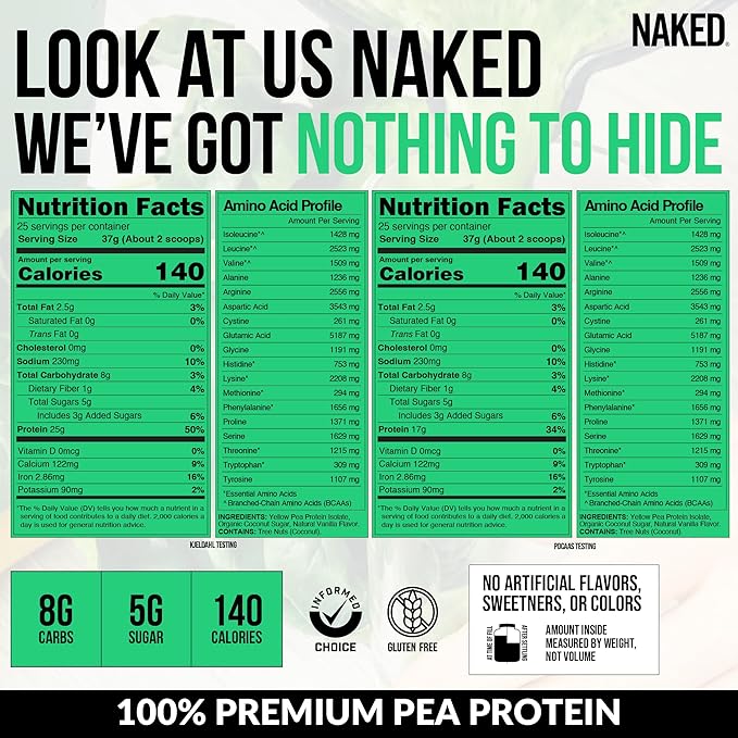 NAKED Vanilla Pea Protein Isolate from North American Farms, Only 3 Ingredients, Vanilla Vegan Protein, Gluten-Free, Soy Free, GMO Free - 2LB