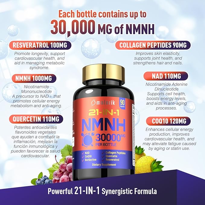 NMNH Supplement, 21-in-1 Dihydronicotinamide Mononucleotide, 1000mg Per Serving NAD+ Support, Gluten Free Supports Healthy Aging, Cellular Energy & Immune Health - 30 Servings