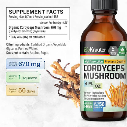 BIO KRAUTER Cordyceps Mushroom Extract - Cordyceps Sinensis Liquid Mushroom Extract - 670 mg per Serving - Vegan, Alcohol & Sugar Free - 4 Fl.Oz.