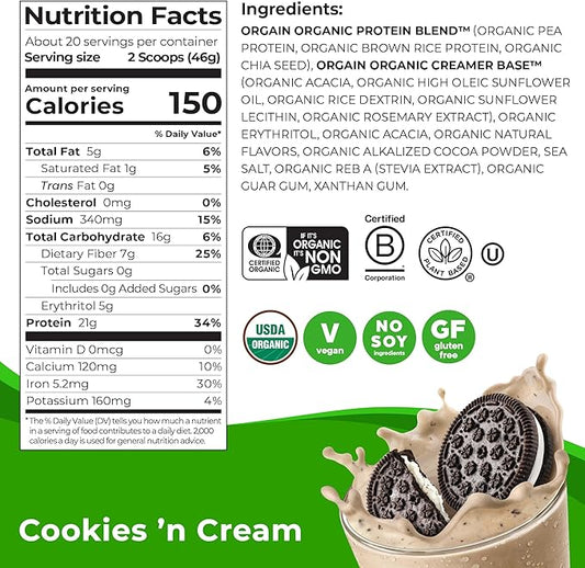 Orgain Organic Vegan Protein Powder, Cookies 'n Cream - 21g of Plant Based Protein, Low Net Carbs, Gluten Free, Lactose Free, No Sugar Added, Soy Free, Kosher, Non-GMO, 2.03 Lb