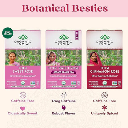 Organic India Tulsi Cinnamon Rose Herbal Tea - Stress Relieving & Mystical, Immune Support, Gluten-Free, USDA Certified Organic, Supports Sugar Metabolism, Caffeine-Free - 18 Infusion Bags, 1 Pack