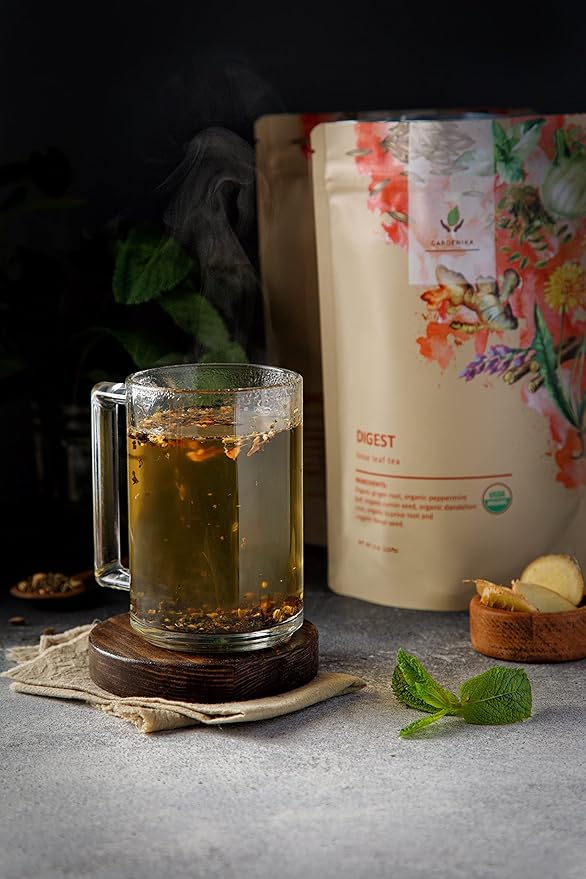 Gardenika Organic Digestive Loose Leaf Tea, Stomach Ease Herbal Caffeine-Free Leaves, Ayurvedic Blend with Dandelion Root, Ginger, Peppermint, Licorice – 4 oz