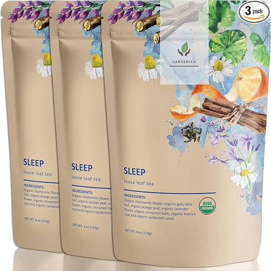Gardenika Organic Sleep Loose Leaf Tea with Chamomile and Lavender Flowers, Herbal Caffeine Free Leaves, Ayurvedic Blend - 3 Pack