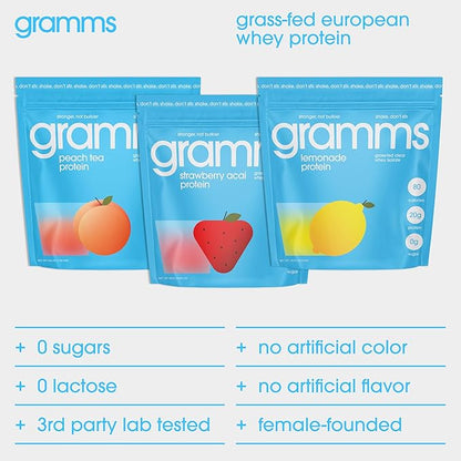 GRAMMS Clear Protein Powder, Lemonade | 20g Protein Grass-Fed Whey Isolate, Zero Sugar, Zero Lactose, Non-Bloating, Non-GMO, Protein for Women (18 Servings)