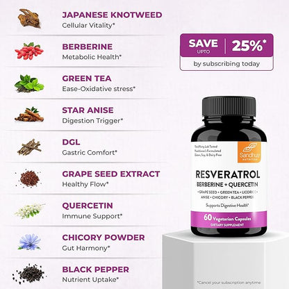 Sandhu's Resveratrol with Berberine for Gut Health | Digestive Supplement for Women & Men | Green Tea, Star Anise, DGL, Grape Seed Extract & Quercetin | Eases Bloating | 60 Capsules (Pack of 2)