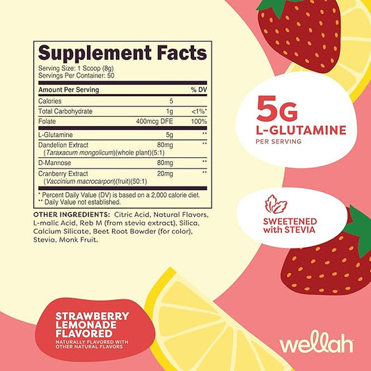 Wellah L-Glutamine Strawberry Lemonade Flavored (50 Servings) - 5g L-Glutamine Per Serving, Sweetened with Stevia