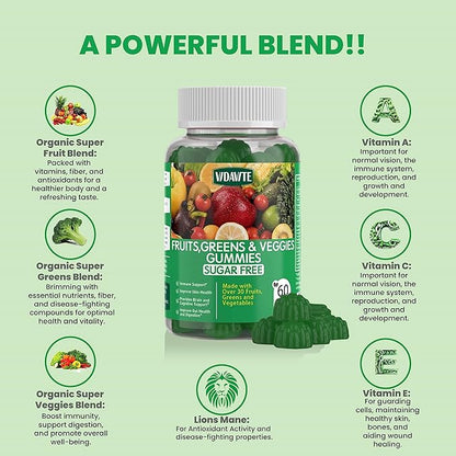 Sugar-Free Fruit and Veggie Gummies — 35+ Greens, Fruit and Vegetable Vitamins to Boost Immunity, Skin & Gut Health — Ideal Fruity Vegetable Supplement for Adults & Kids (60 Gummies)