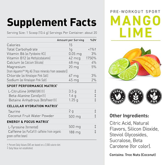 Kaged Sport Pre Workout Powder for Men & Women, Mango Lime, Sport Certified, 188mg Caffeine, Nitric Oxide Supplement, Beta Alanine for Energy, Weightlifting, Cardio Endurance & Strength, 20 Servings