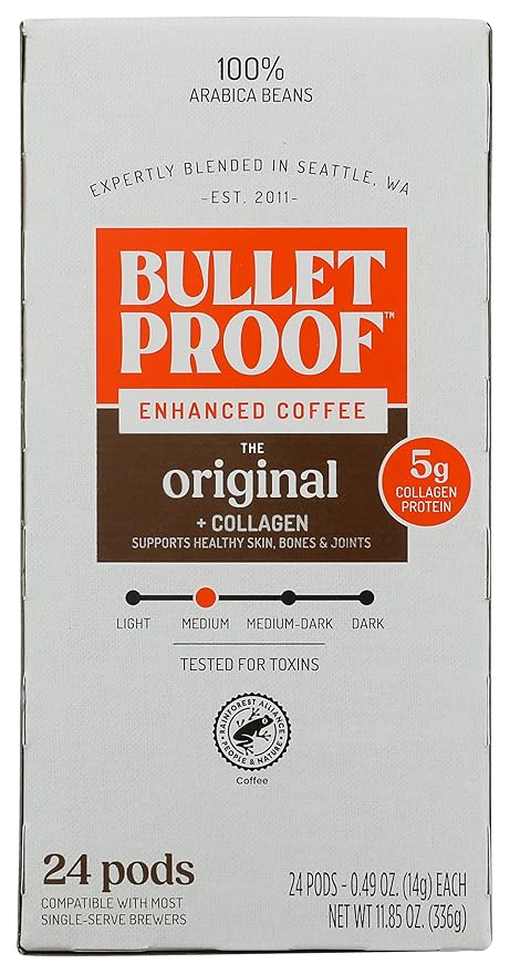 Bulletproof Coffee + Collagen Single-Serve Coffee Pods, 24 Count, Clean Coffee Tested for Toxins, Packaging May Vary