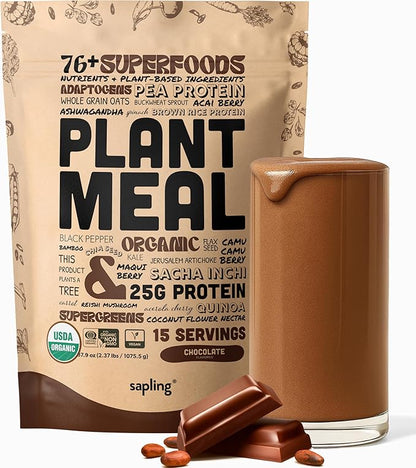 Plant Meal Replacement Shake - Chocolate - 25g of Plant Based Vegan Protein Powder, 76+ Organic Superfoods, Vitamins & Minerals, Mushrooms, Super Greens, Digestive Enzymes & Probiotics - 15 Servings