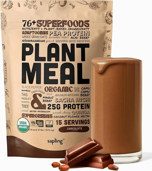 Plant Meal Replacement Shake - Chocolate - 25g of Plant Based Vegan Protein Powder, 76+ Organic Superfoods, Vitamins & Minerals, Mushrooms, Super Greens, Digestive Enzymes & Probiotics - 15 Servings