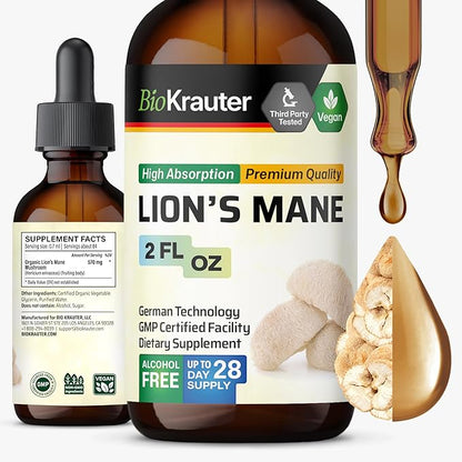 BIO KRAUTER Lions Mane Liquid Extract - Mushroom Supplement for Brain Support - Vegan Lions Mane Supplement - Alcohol & Sugar Free Drops - 2 Fl.Oz.
