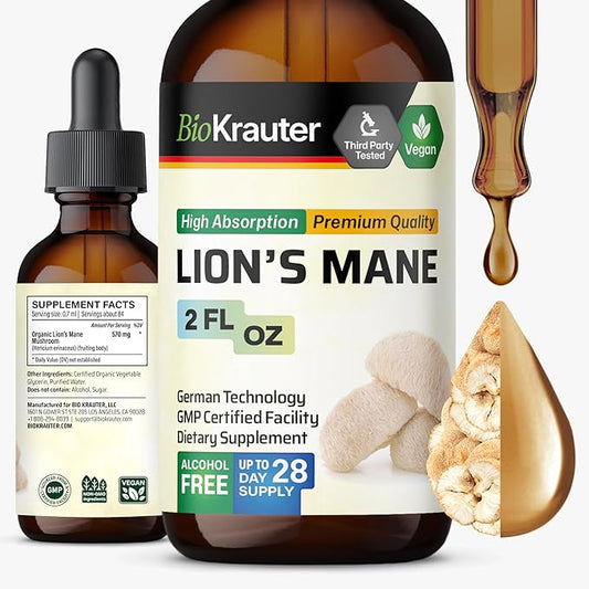 BIO KRAUTER Lions Mane Liquid Extract - Mushroom Supplement for Brain Support - Vegan Lions Mane Supplement - Alcohol & Sugar Free Drops - 2 Fl.Oz.