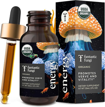 Cordyceps Mushroom Extract Liquid Fantastic Fungi Energy Elixir, 4-in-1 Vitality and Stress Support Supplement w/ Ginseng, Turkey Tail, Rhodiola - 100% Organic & Natural, 30 Servings, 1 fl oz