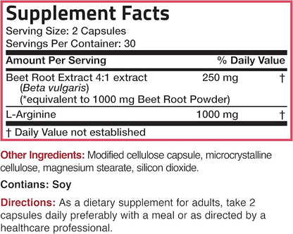 Bronson Beet Root + L-Arginine Nitric Oxide Production - Non-GMO, 60 Vegetarian Capsules