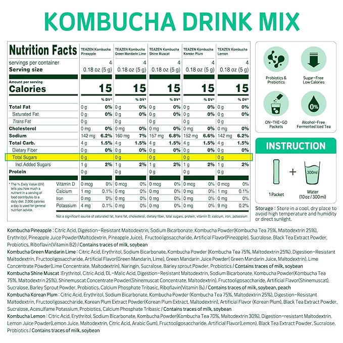 TEAZEN Kombucha Tea Tropical Zest Hydration Variety Pack - 20 Sticks, 5 Flavor (Lemon, Pineapple, Korean Plum, Shine Muscat, Green Mandarin-Lime)