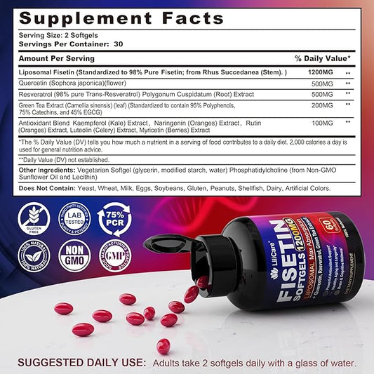 Fisetin Supplement - Liposomal Super Absorption 98% Pure 1200mg with Quercetin, Resveratrol, Green Tea Extract for Healthy Aging & Longevity, Skin Health, Brain & Antioxidant - 60 Softgels