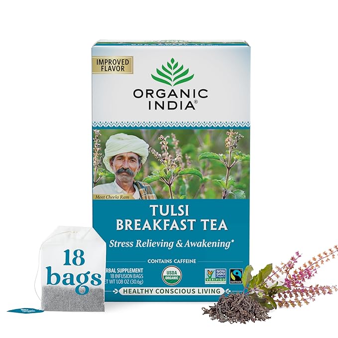 Organic India Tulsi Breakfast Herbal Tea - Holy Basil, Stress Relieving & Awakening, Immune Support, Adaptogen, Vegan, USDA Certified Organic, Non-GMO, Caffeinated - 18 Infusion Bags, 1 Pack