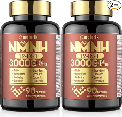 19 in 1 NMNH (Dihydronicotinamide Mononucleotide) 1000mg Per Serving, NAD Supplement Boost NAD+, NAD Resveratrol Supplement with Quercetin, Berberine for Healthy Aging, Energy, 90 Capsule-2PACK