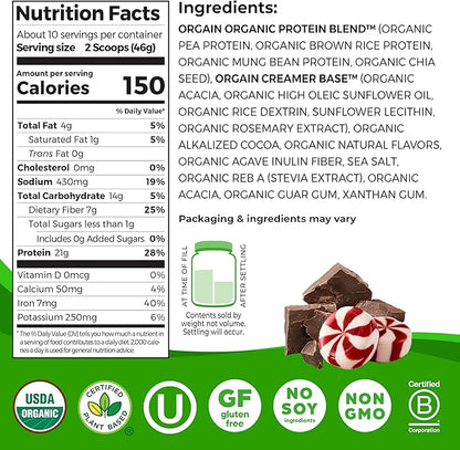 Orgain Organic Vegan Protein Powder, Peppermint Hot Cocoa Holiday Flavor - 21g of Plant Protein, 5g Prebiotic Fiber, No Lactose Ingredients, No Added Sugar, Non-GMO, For Shakes & Smoothies, 1.02 lb