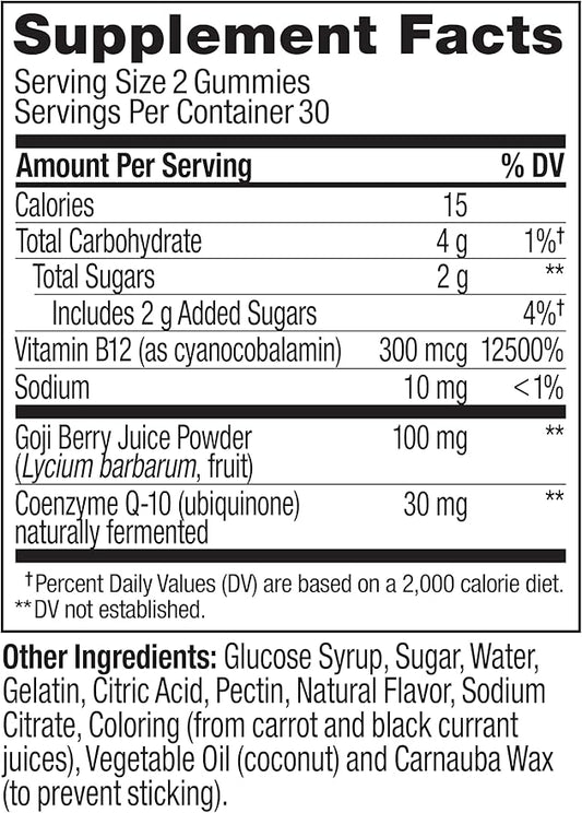 OLLY Daily Energy Gummy, Caffeine Free, Vitamin B12, CoQ10, Goji Berry, Adult Chewable Supplement, Tropical Flavor - 60 Count