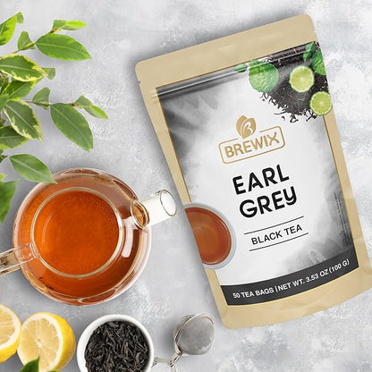BREWIX, Earl Grey Black Tea (50 Pyramid Tea Bags) Black Tea with Bergamot | Gluten Free, Energizing & Caffeinated | Sugar-Free, High Caffeine | Gourmet Tea