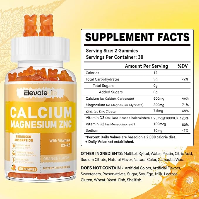 Calcium Magnesium Zinc Gummies with Vitamin D3 & K2 - High Potency Enhanced Absorption -60 Orange Gummies Flavored
